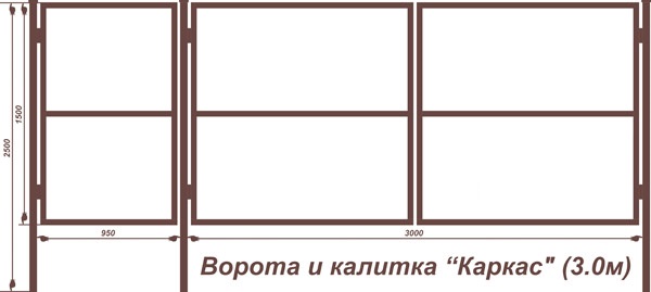 Чертеж ворот 3 3 Ворота с калиткой КАРКАС грунтованные 3м