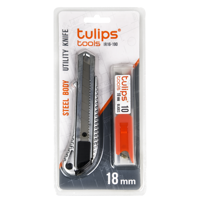 детальное изображение Нож Tulips tools с лезвием 18 мм, стальной + 10 лезвий детальное изображение Нож Tulips tools с лезвием 18 мм, стальной + 10 лезвий