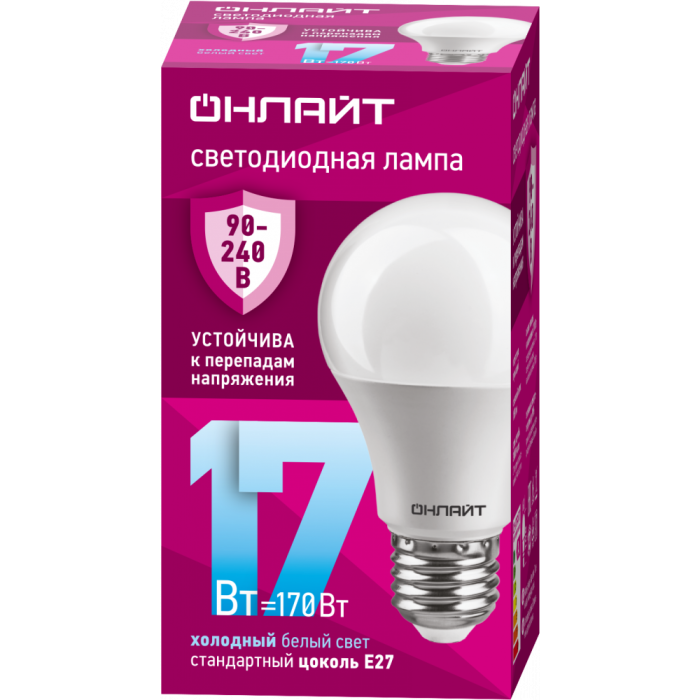 детальное изображение Лампа ОНЛАЙТ PRO ЛОН A60 E27 17W(1550lm) 6500K 6K 6K OLL-A60-17-230-6.5K-E27(PRO90-240V)